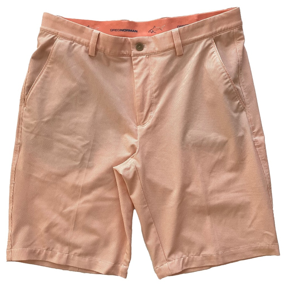 Greg Norman Peach & White striped golf shorts for men ML75 Microlux Stretch Golf